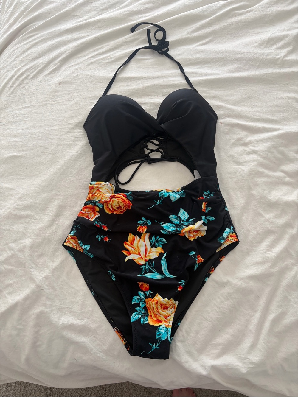Black Floral One-Piece Swimsuit with Cutout